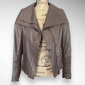 MUUBAA Women's Dusky Gray Lamb Leather Moto Jacket Size 4 |‎ EUC